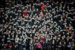 French Rugby top14 match against Stade Toulousain and La Rochelle's spectator hold banners reading 'I am Charlie' during a tribute to the victims of the 07 January attack on the Paris French magazine Charlie Hebdo and of the 8 january's jewish hyper casher shop and for the press liberty at Ernest Wallon's stadium in Toulouse, FRANCE - 10/01/2015.