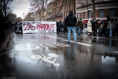 Manifestation de 500 personnes du mouvement Zadiste en lutte contre le projet de barrage a Sivens, contre les violences policieres et en homage a Remy Fraysse tue sur le site de Sivens par une grenade policiere. Toulouse, FRANCE - 21/02/2015.